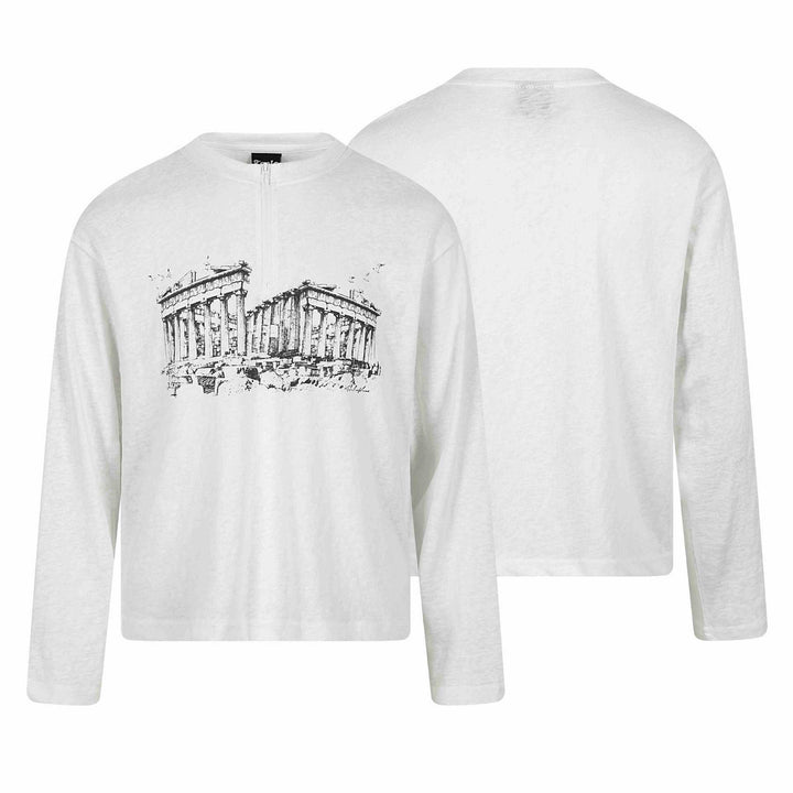 Unisex Langarm-Halbzipshirt mit Stehkragen und Parthenon-Print Echoarchiv