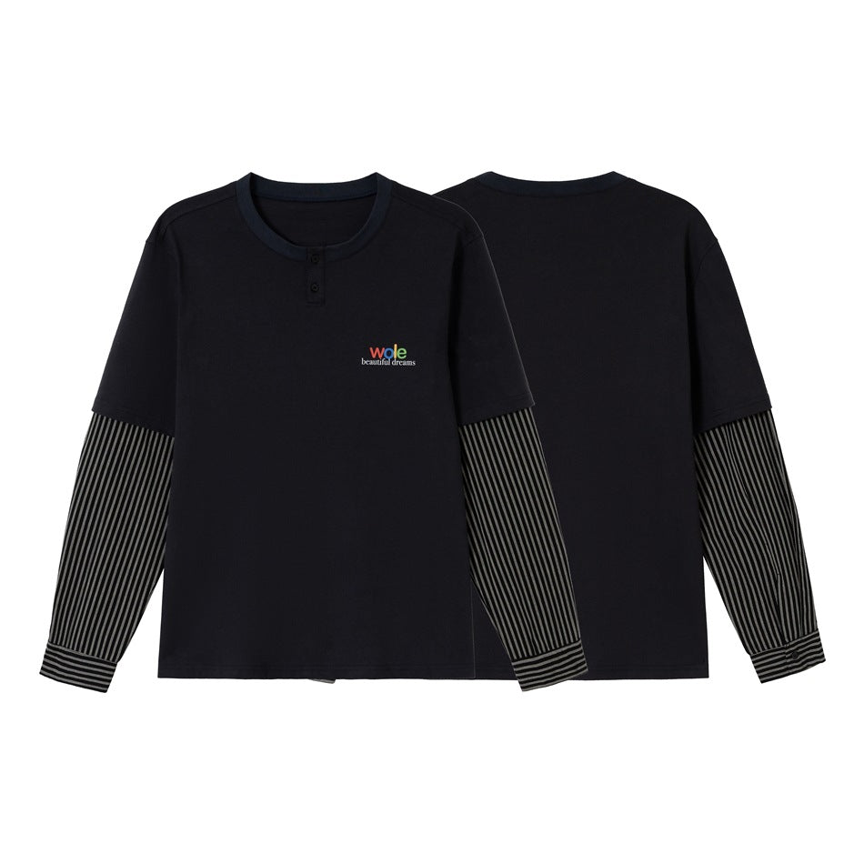 Unisex Lagenlook-Langarmshirt mit Henley-Knopfleiste und gestreiften Armeinsätzen Echoarchiv