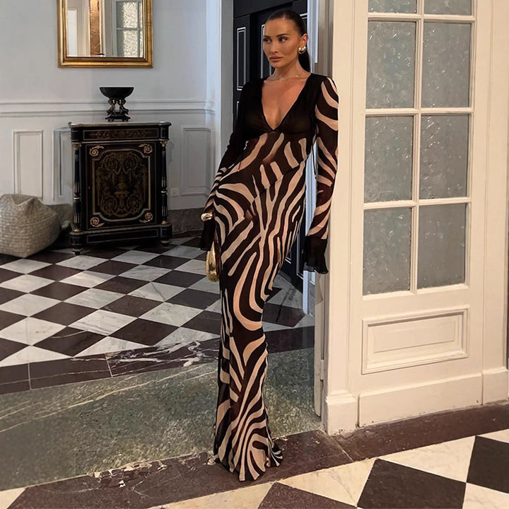 Damen figurbetontes Mesh‑Maxikleid mit tiefem V‑Ausschnitt & grafischem Zebra‑Print Echoarchiv