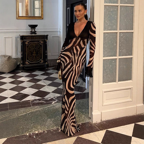 Damen figurbetontes Mesh‑Maxikleid mit tiefem V‑Ausschnitt & grafischem Zebra‑Print Echoarchiv
