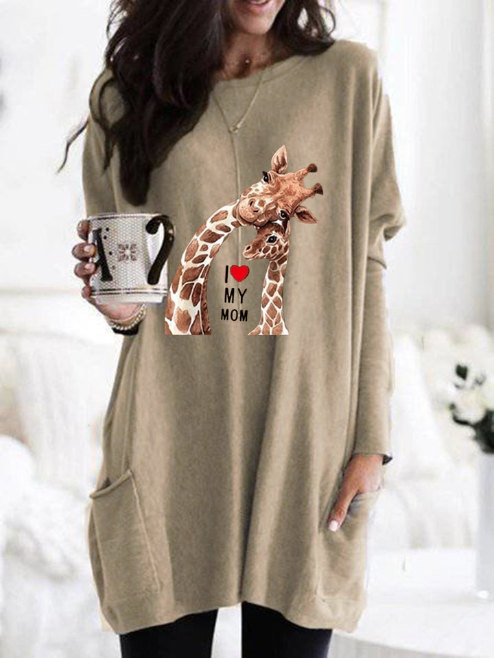 Frauen Übergroße Sweatkleid mit Giraffenmuster, Rundhalsausschnitt und Seitentaschen Echoarchiv