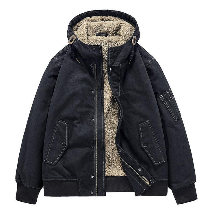 Herren Canvas-Kapuzenjacke mit Sherpa-Innenfutter, Utility-Taschen und Rippbündchen – Taviero
