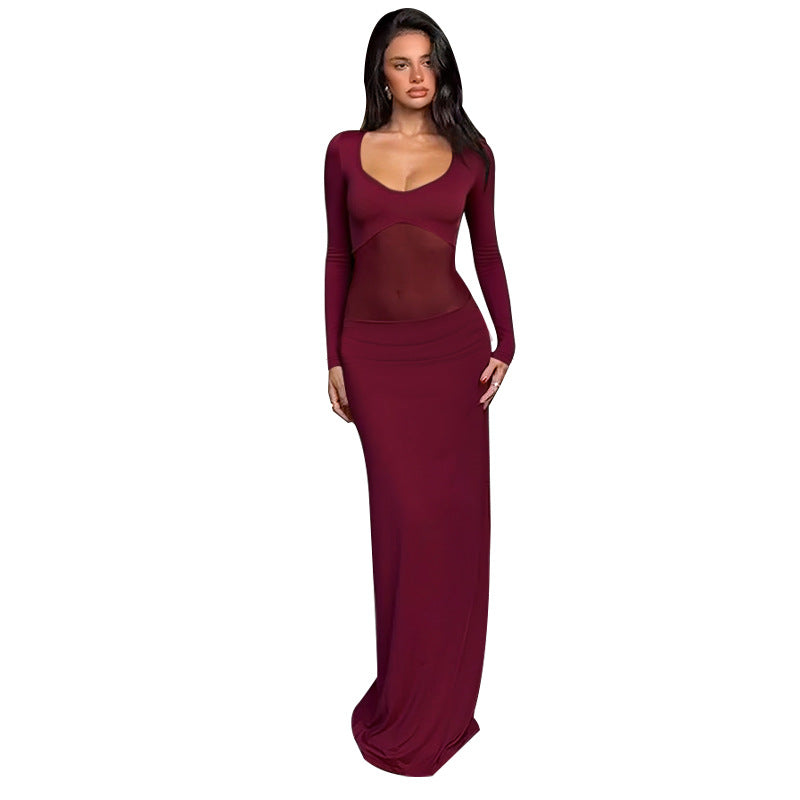 Damen Figurbetontes Maxikleid mit transparenten Mesh-Einsätzen und tailliertem Stretchrock – Avérine