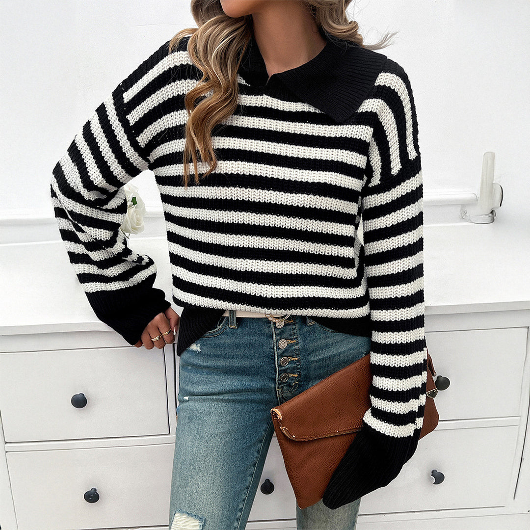 Damen nan gestreifter Polokragen-Strickpullover mit weitem Saum und ausgestellten Bündchen Echo Archiv