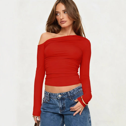 Damen Off-Shoulder Raffungsshirt mit langen Ärmeln und elegantem Design Echo Archiv