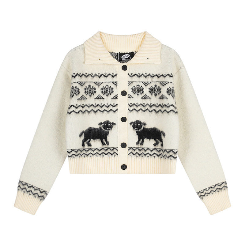 Damen Kurzgeschnittene Strickjacke im Norweger-Jacquard mit Reverskragen und Knopfverschluss Echoarchiv