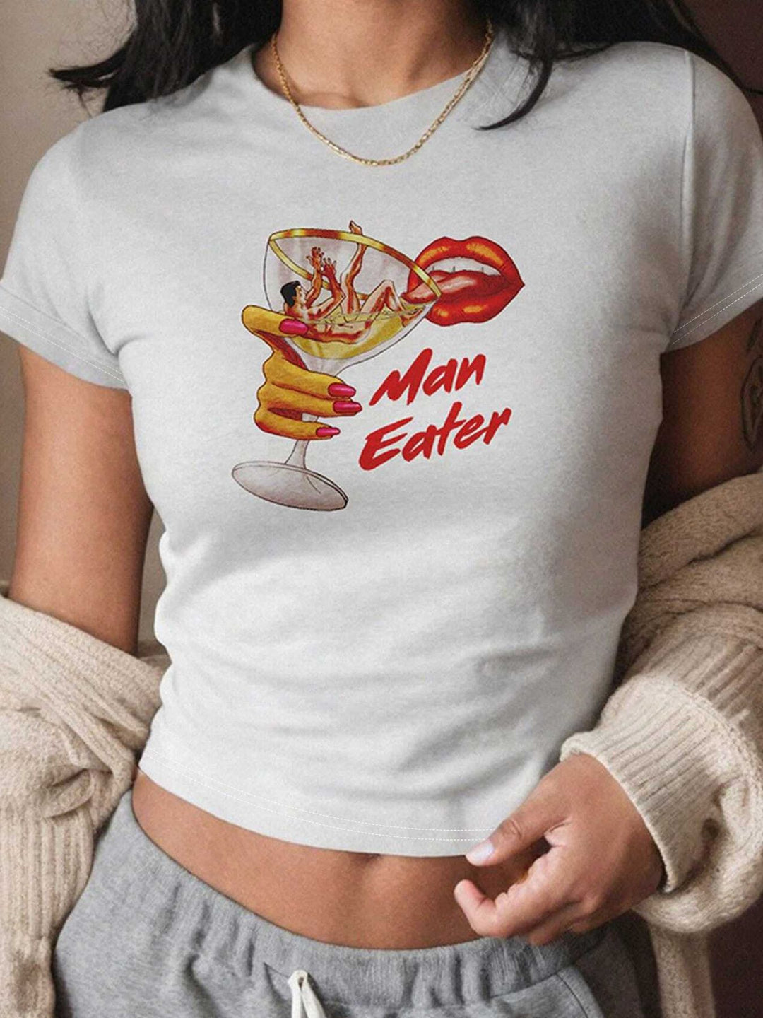Damen Crop-T-Shirt mit künstlerischem Lippenmotiv und kreativem Druck Echo Archiv