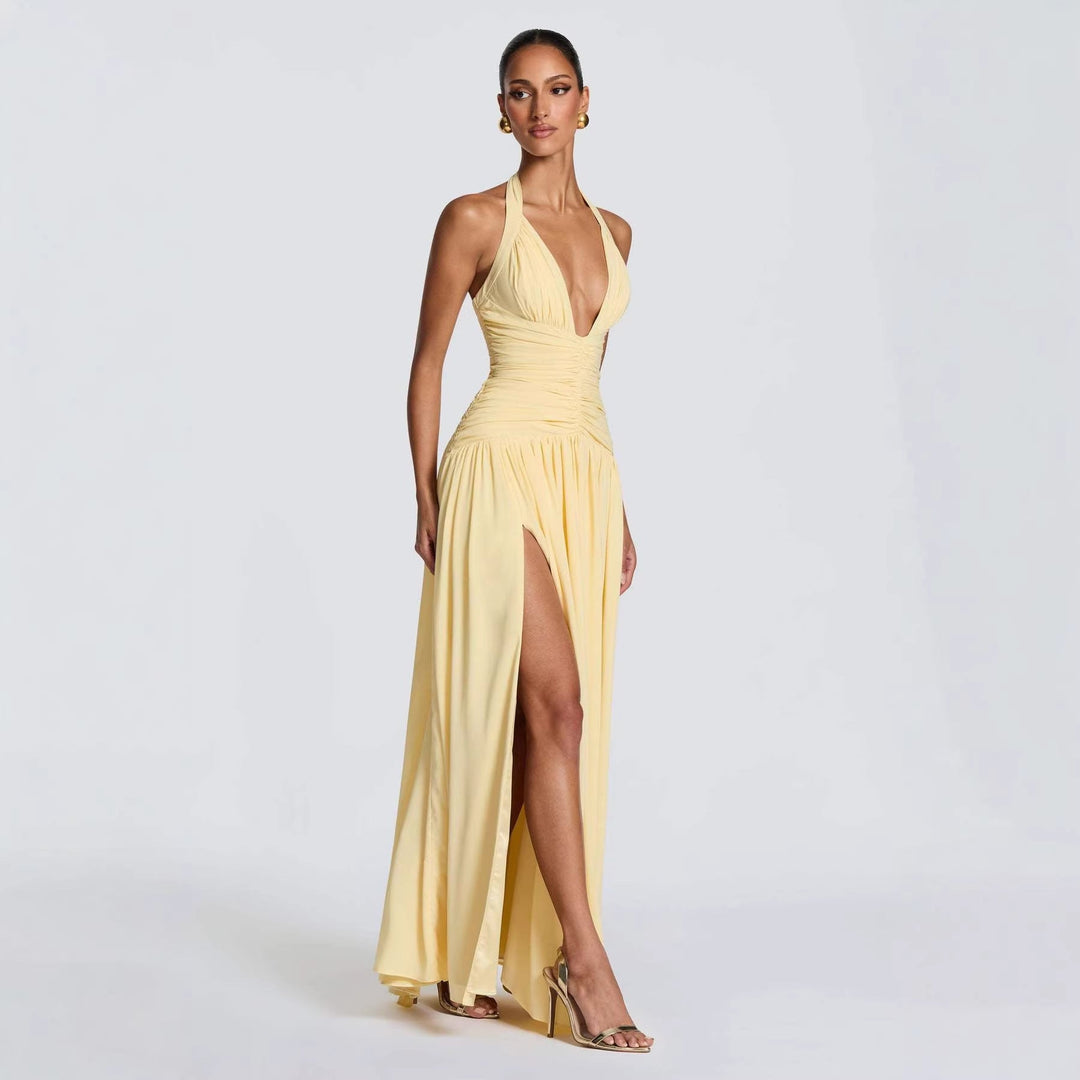 Damen Elegantes Maxikleid mit halterlosem Ausschnitt und raffiniertem Faltenwurf Echoarchiv