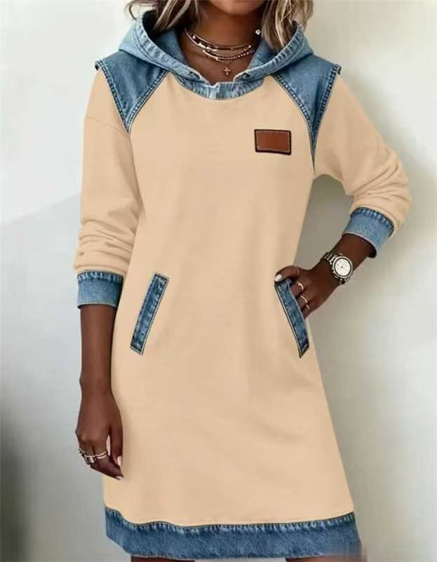 Damen nan Kapuzen-Sweatkleid mit Jeans-Applikationen, Kängurutaschen und lässigem Schnitt Echo Archiv