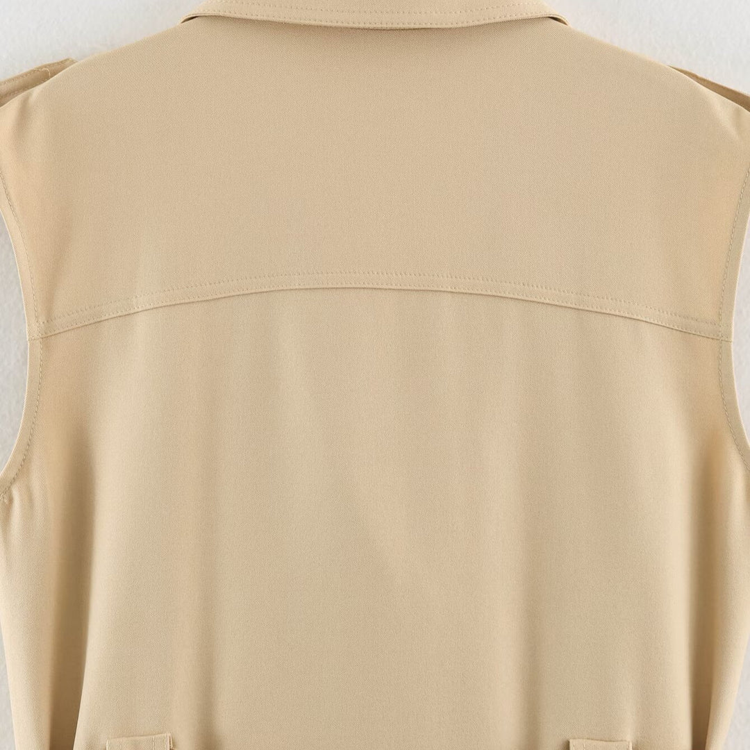 Damen Ärmelloses Tailliertes Trenchkleid mit Bindegürtel und Pattentaschen Echoarchiv