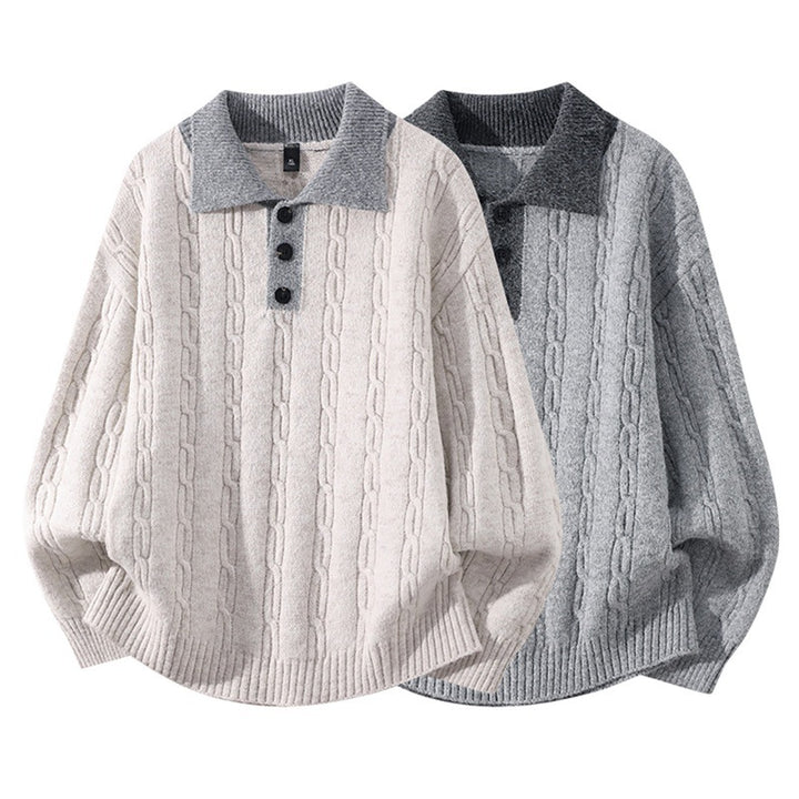 Herren Oversize Zopfmuster-Polo-Strickpullover mit Kontrastkragen und Dreiknopfleiste Echoarchiv