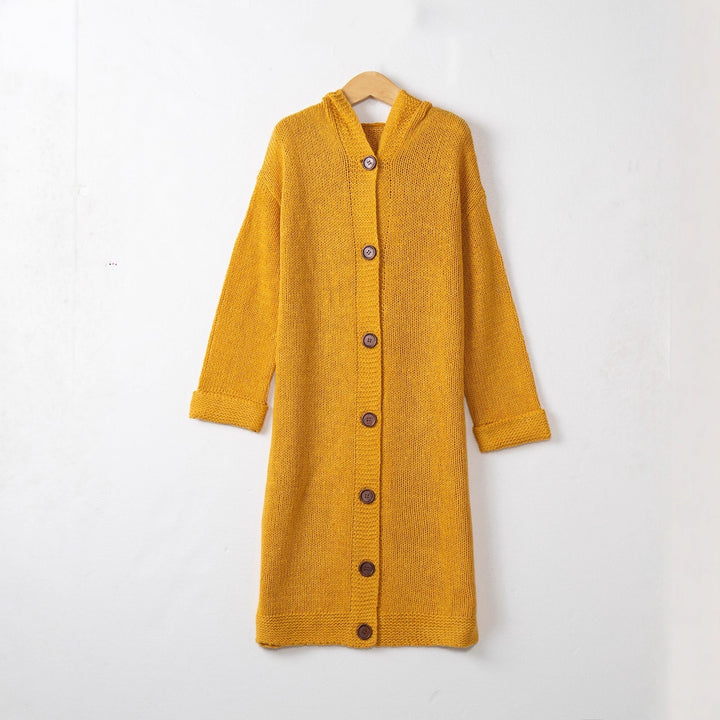 Damen Kapuzen-Longcardigan aus mitteldickem Rippstrick mit durchgehender Knopfleiste und lockerem Oversize-Schnitt Echo Archiv