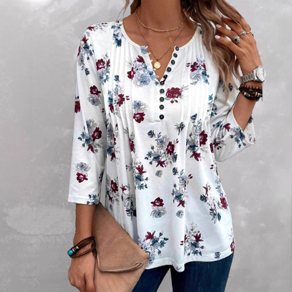 Damen nan florale Tunika-Bluse mit Kellerfalten und Zierknopfleiste Echo Archiv