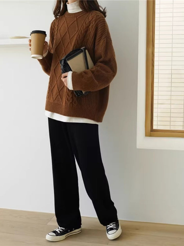 Damen Oversize Zopfmuster-Strickpullover mit Ajour‑Details und geripptem Saum Echoarchiv