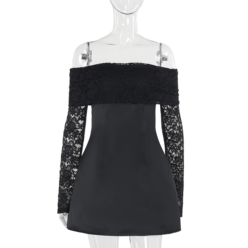 Damen elegantes schulterfreies Minikleid mit Spitzenärmel und schwingendem Rock Echo Archiv