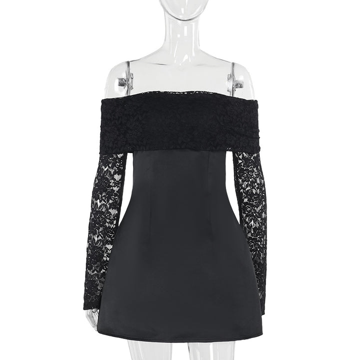 Damen elegantes schulterfreies Minikleid mit Spitzenärmel und schwingendem Rock Echo Archiv