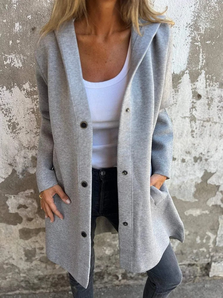 Damen nan Kapuzenmantel mittellanger Baumwollmix mit Druckknopfleiste und Eingrifftaschen Echo Archiv