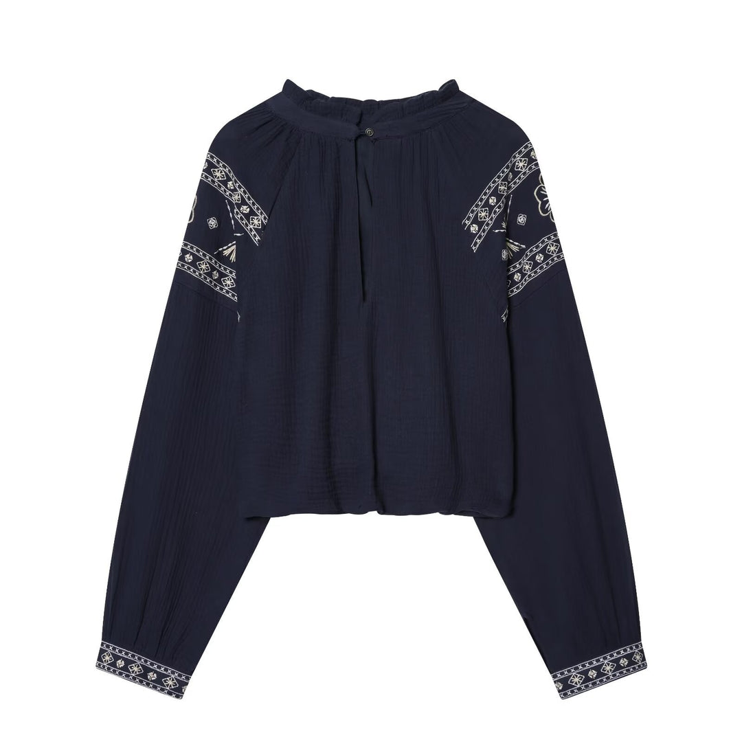 Damen nan bestickte Boho-Bluse mit gerafftem Stehkragen, Ballonärmeln und kurzem Saum Echo Archiv