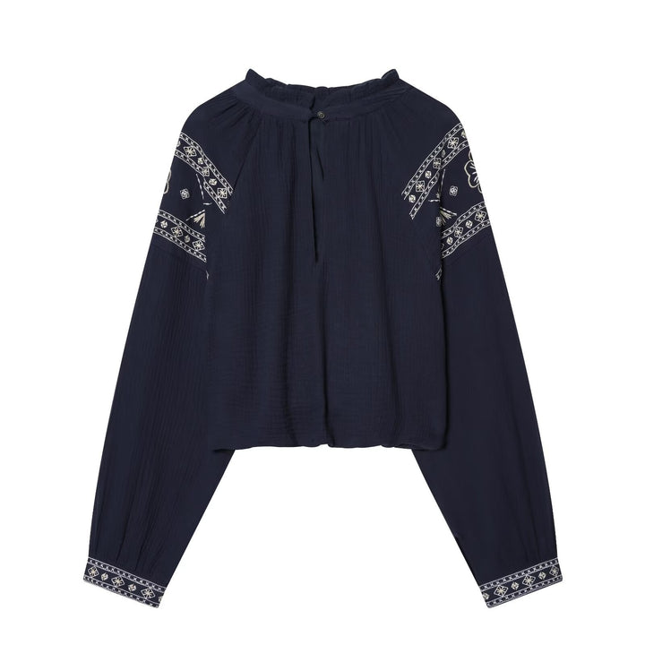 Damen nan bestickte Boho-Bluse mit gerafftem Stehkragen, Ballonärmeln und kurzem Saum Echo Archiv