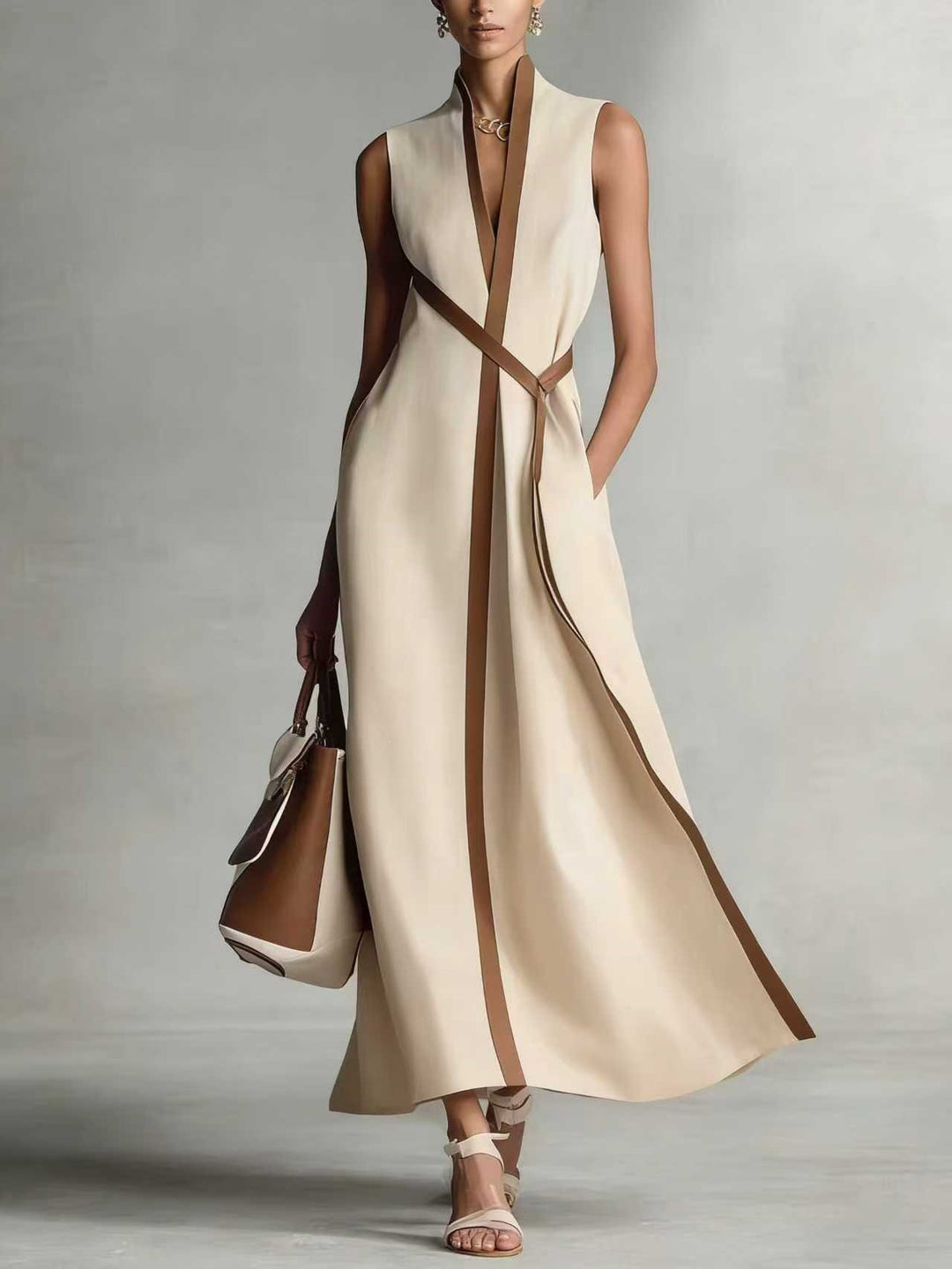 Damen elegantes Maxikleid mit Taillenschnitt und schmalem Gürtel Echo Archiv