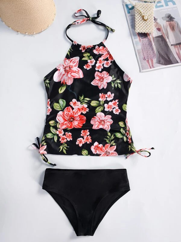 Damen Schnittiger Tankini mit floralem Design und verstellbaren Riemen Echo Archiv