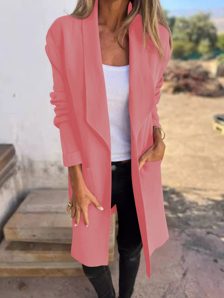 Damen Langer offener Cardigan mit Schalkragen, Eingrifftaschen und leichtem Fall – Veloura