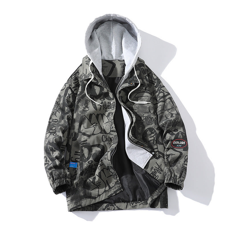 Herren Graffiti-Print Kapuzenparka mit Zip-In Fleece-Innenlayer Echoarchiv
