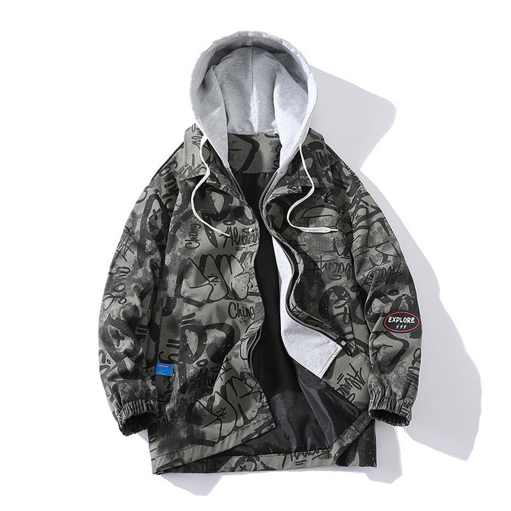 Herren Graffiti-Print Kapuzenparka mit Zip-In Fleece-Innenlayer Echoarchiv