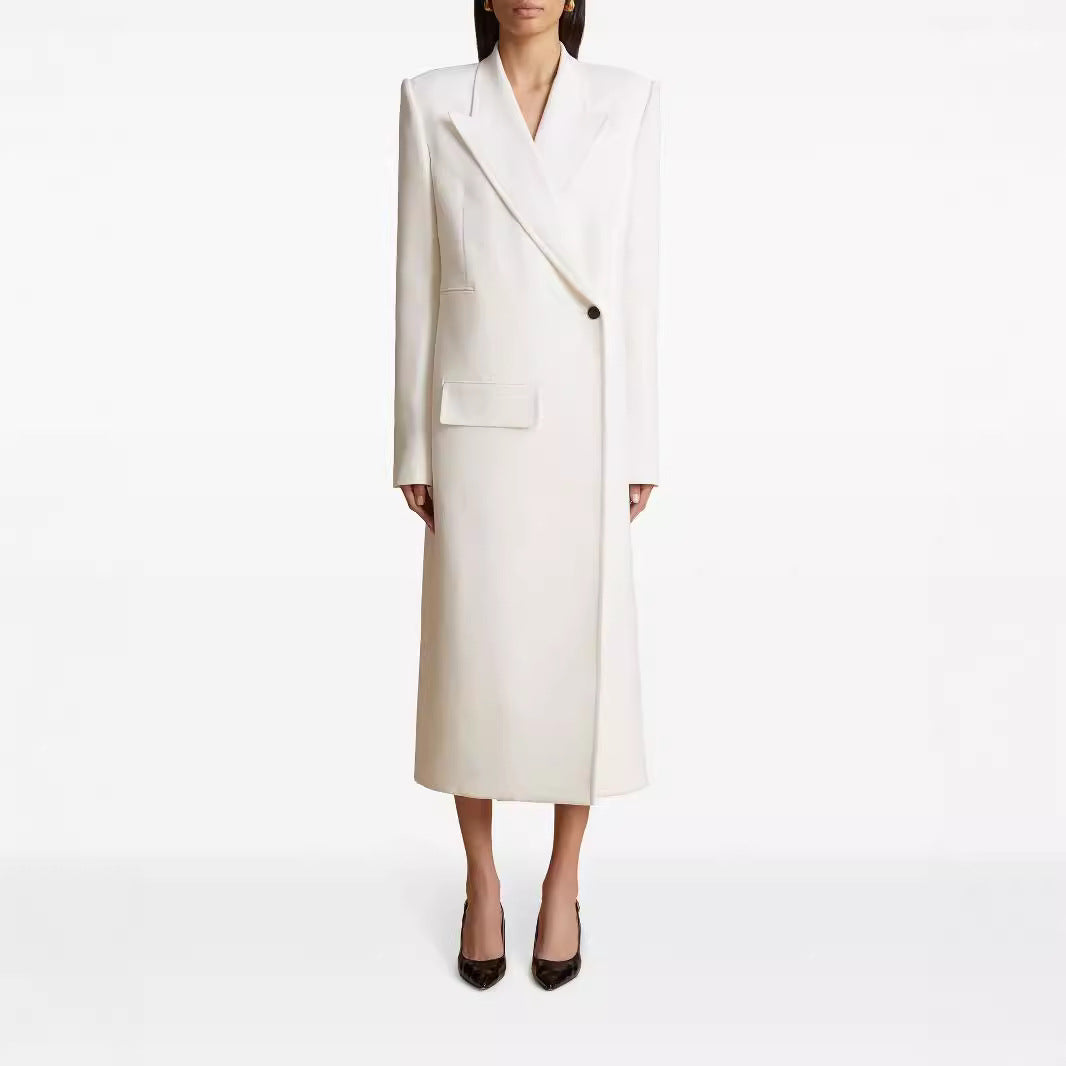 Damen Langes einreihiges Blazerkleid mit schlanker Silhouette und Pattentaschen Echoarchiv