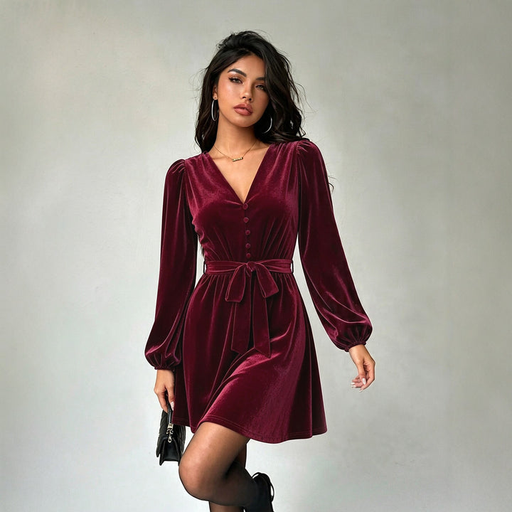 Damen elegantes Samt-Minikleid mit V-Ausschnitt Knopfleiste Ballonärmeln und Taillengürtel – Élara