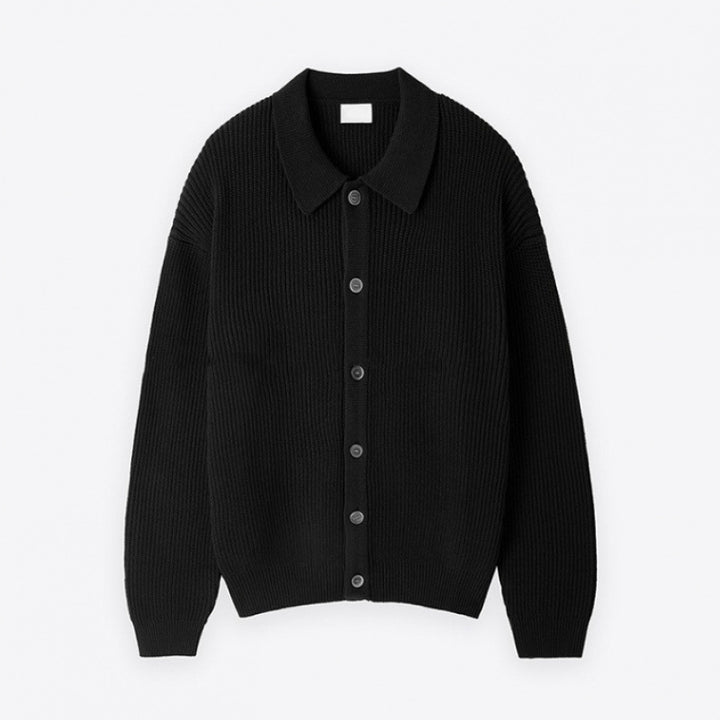 Unisex Grobgerippte Strickjacke mit Hemdkragen und durchgehender Knopfleiste Echoarchiv