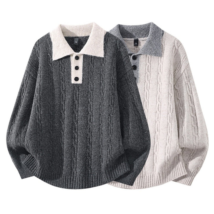 Herren Oversize Zopfmuster-Polo-Strickpullover mit Kontrastkragen und Dreiknopfleiste Echoarchiv