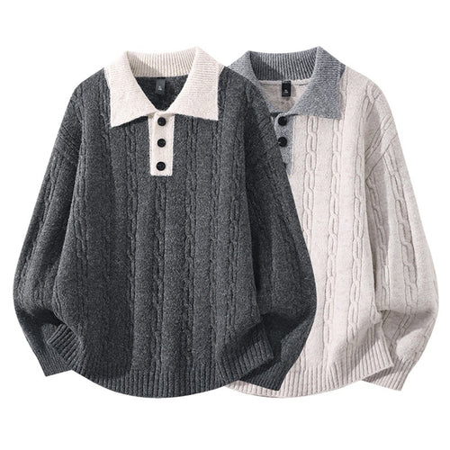 Herren Oversize Zopfmuster-Polo-Strickpullover mit Kontrastkragen und Dreiknopfleiste Echoarchiv