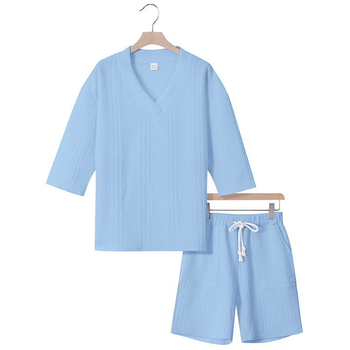 Unisex nan lässiges Lounge-Set mit V-Ausschnitt-Oberteil und Kordelbund-Shorts Echo Archiv