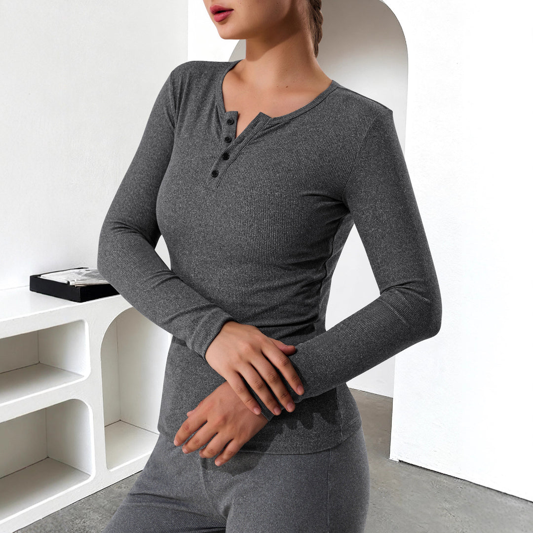 Damen Geripptes Henley-Langarmshirt mit Knopfleiste und figurnahem Schnitt echoarchiv-