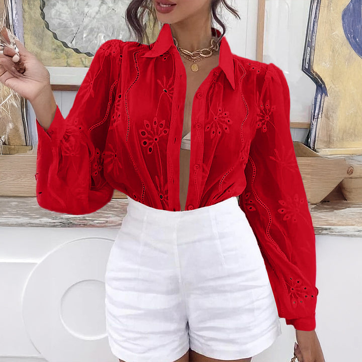 Damen Transparente Bluse mit Stickereien und Rüschendetails Echo Archiv