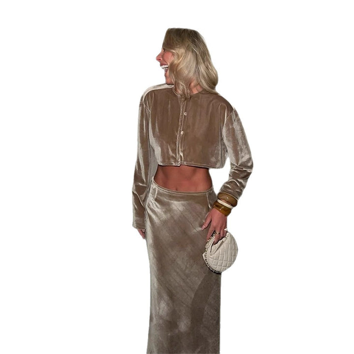 Damen Samt-Cropped-Set mit geknöpftem Kurzcardigan & tailliertem Midirock Echoarchiv