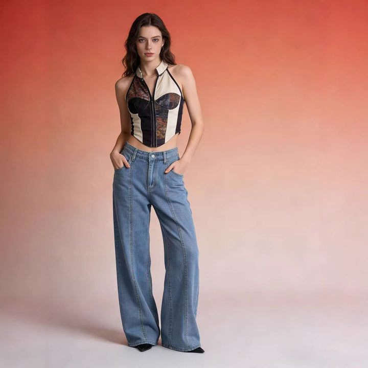 Damen Hoch taillierte weite Jeans mit raffinierten Nahtdetails Echo Archiv