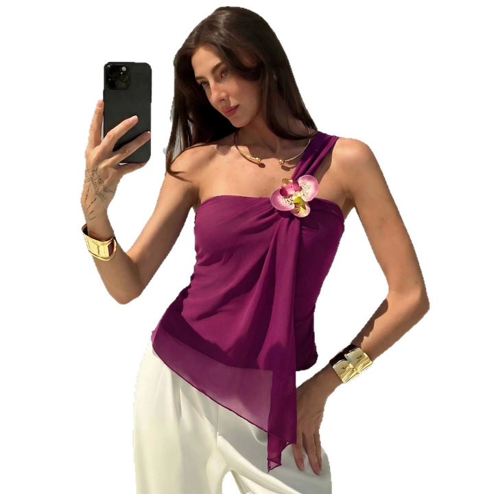 Damen nan asymmetrisches Einschulter-Chiffon-Oberteil mit Drapierung und Zierbrosche Echo Archiv