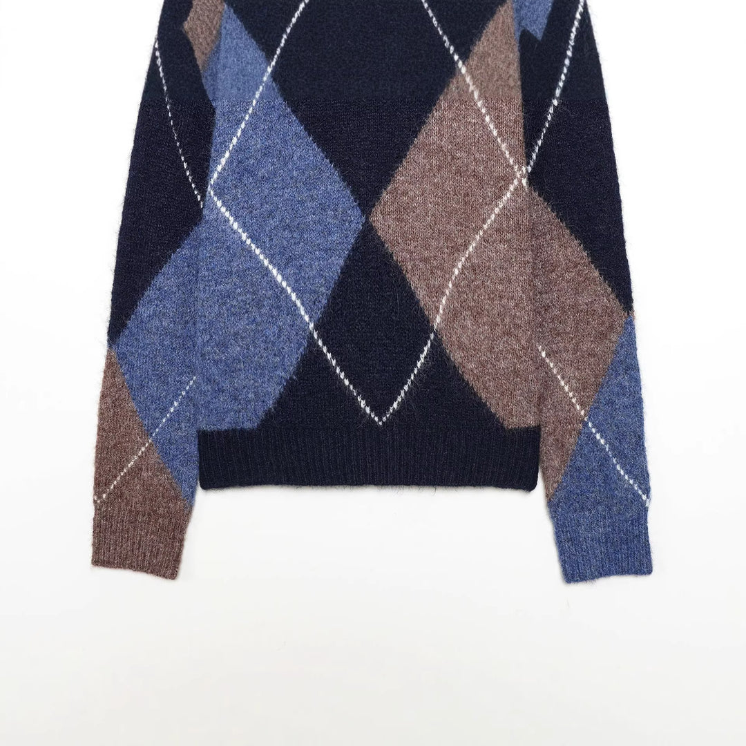 Damen nan grobgestrickter Argyle-Pullover mit Rundhalsausschnitt, überschnittener Schulter und breitem Rippenbund Echo Archiv