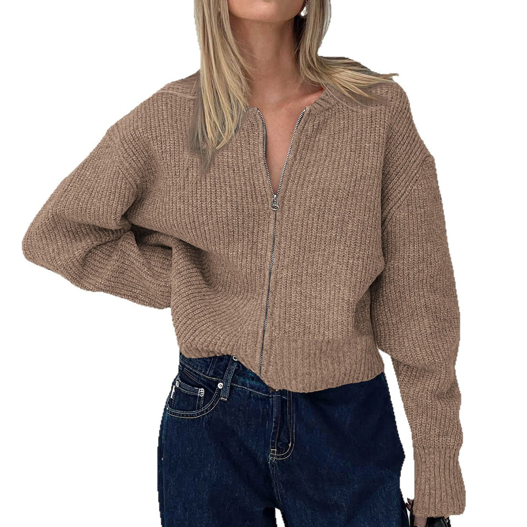 Damen nan kurzes Zip-Strickoberteil mit geripptem Saum, überschnittener Schulter und weichem Wollmix Echo Archiv