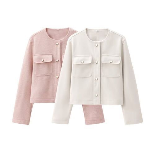 Damen Cropped Wollmix‑Jacke im Boxy‑Schnitt mit Rundhalsausschnitt und Zierdruckknöpfen Echoarchiv