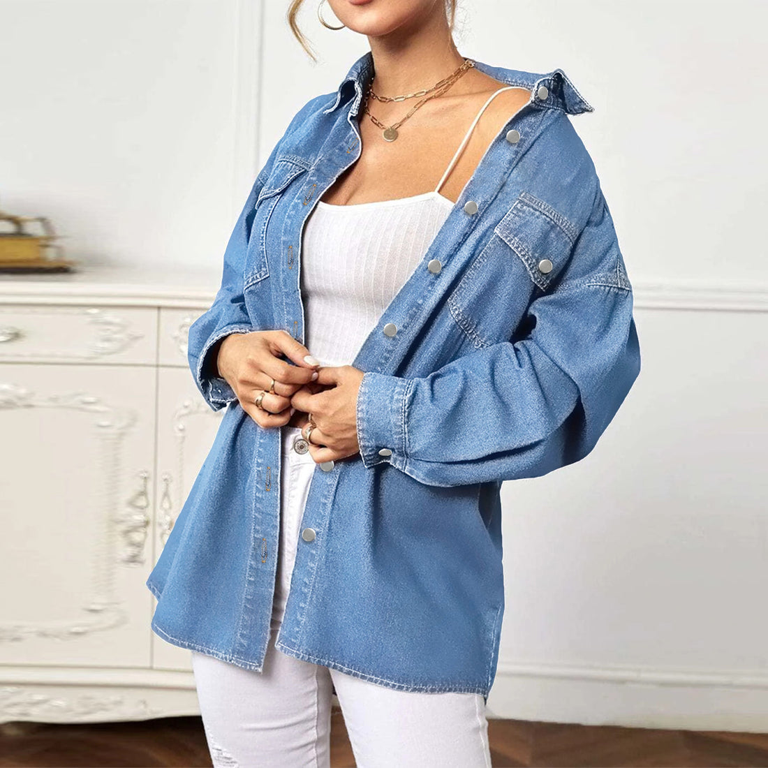 Damen Longline-Denim-Hemdjacke Oversized mit Pattentaschen Echo Archiv