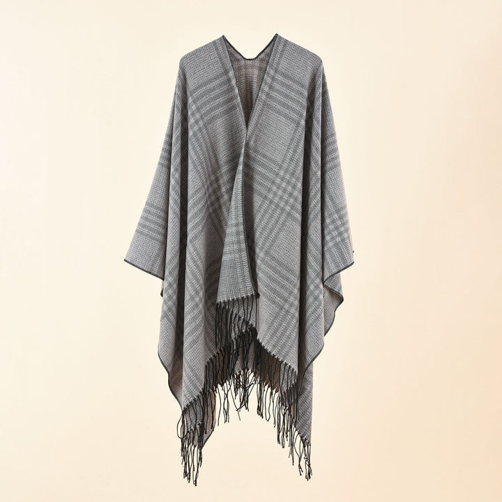 Damen Ruana-Poncho mit V‑Ausschnitt, kastigem Kimono-Fall und Fransensaum Echo Archiv