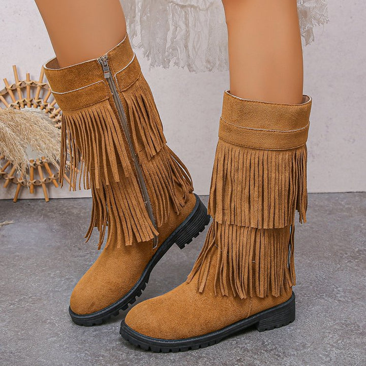 Damen Mid‑Calf Fransenstiefel aus Veloursimitat mit mehrlagigen Fransen und profilierter Gummisohle Echo Archiv