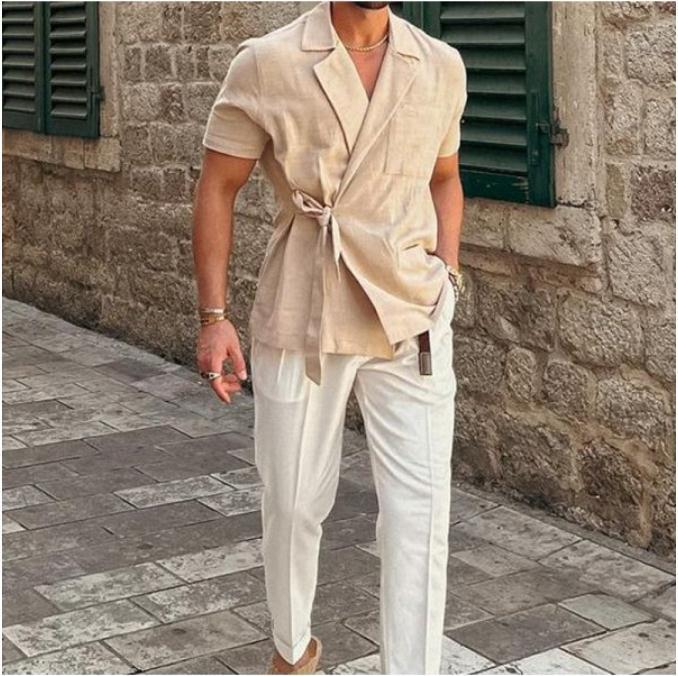 Herren elegantes Leinenhemd mit Wickeloptik Echoarchiv