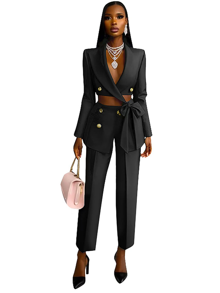 Damen Taillierter Crop-Blazer mit Zierschleife, Doppelreiher und Hochtaillierter Hose – Valéne