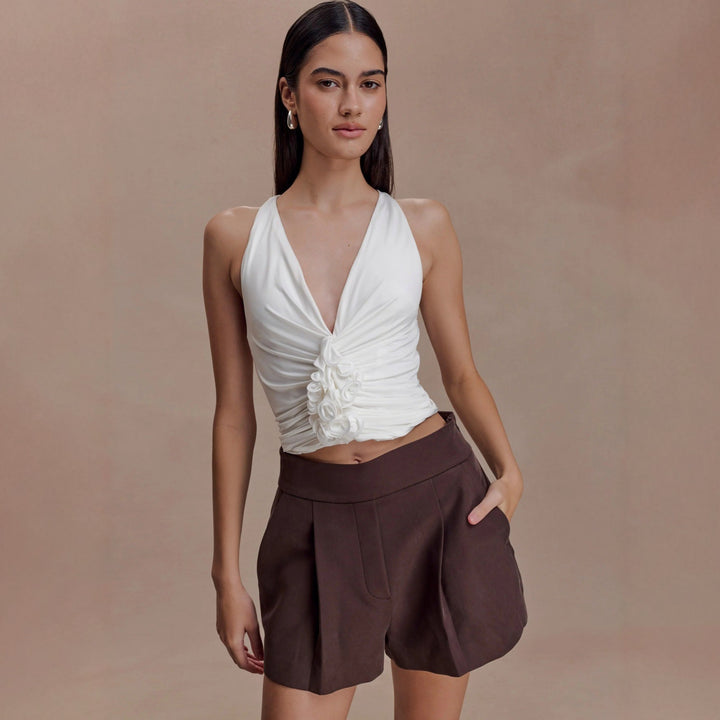 Damen Raffiniertes Top mit tiefem V-Ausschnitt und femininem Rüschendetail Echo Archiv