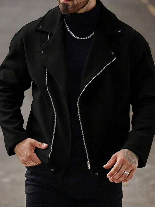 Herren Oversized Bikerjacke aus Wollmix mit asymmetrischem Reißverschluss und Druckknopf-Details – Taviero