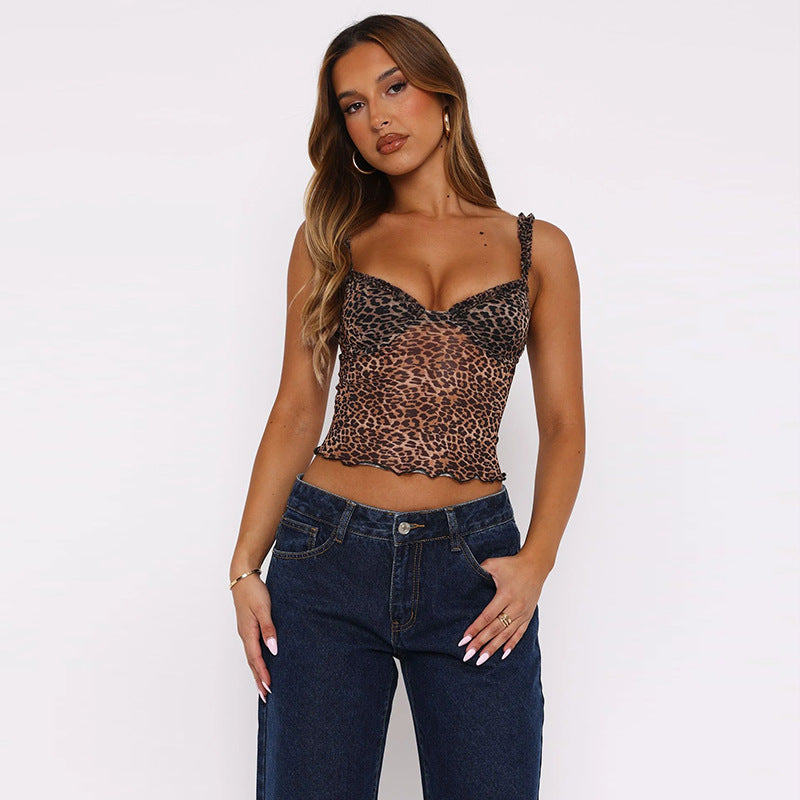 Damen verspieltes Spitzen-Crop-Top mit aufregendem Leopardenmuster Echo Archiv